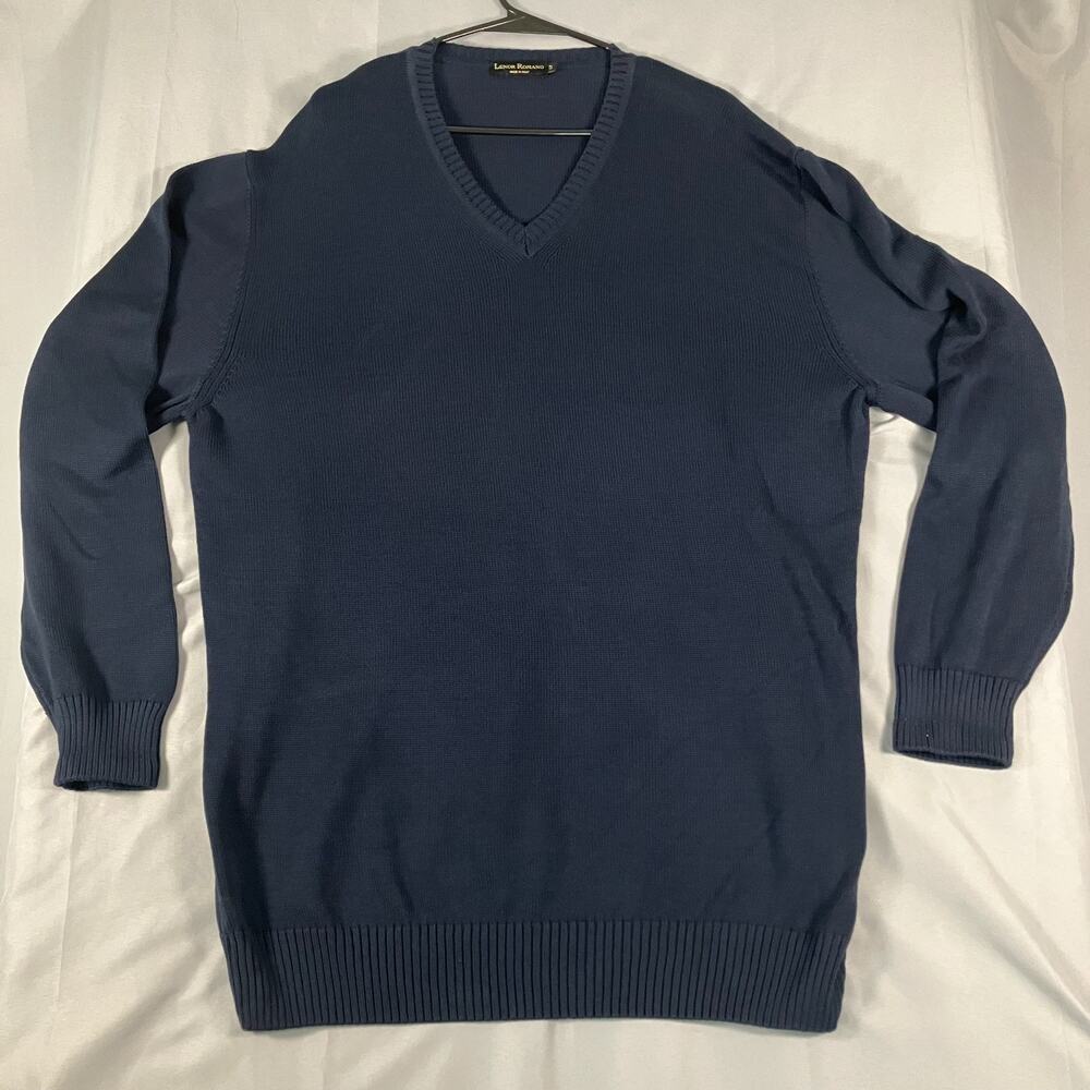 Lenor Romano V-Neck Sweater Mens Large Navy‎ Blue Knit Pullover Made in Italy